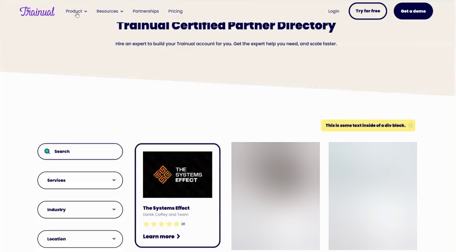 Trainual's Certified Partner Directory in April 2025, with The Systems Effect, Derek Coffey and Team, as the first listing with a five-star rating from 20 reviews